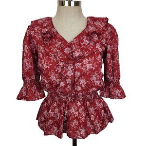 Lauren Ralph Lauren Floral V Neck Blouse‎ S Red White Ruffle Cottagecore Cotton